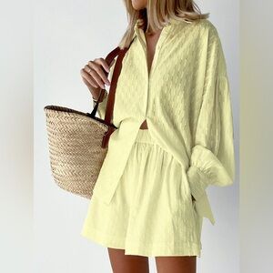 Light Yellow Button-Front Linen Blend Top by